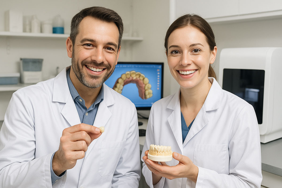 Zahntechniker und Zahntechnikerin für Keramik und CAD/CAM-Technologie lächelnd im zahntechnischen Labor