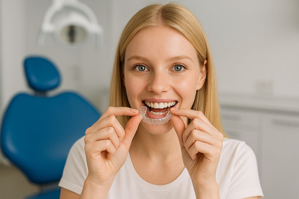 Frau lächelnd mit Invisalign in Ordination