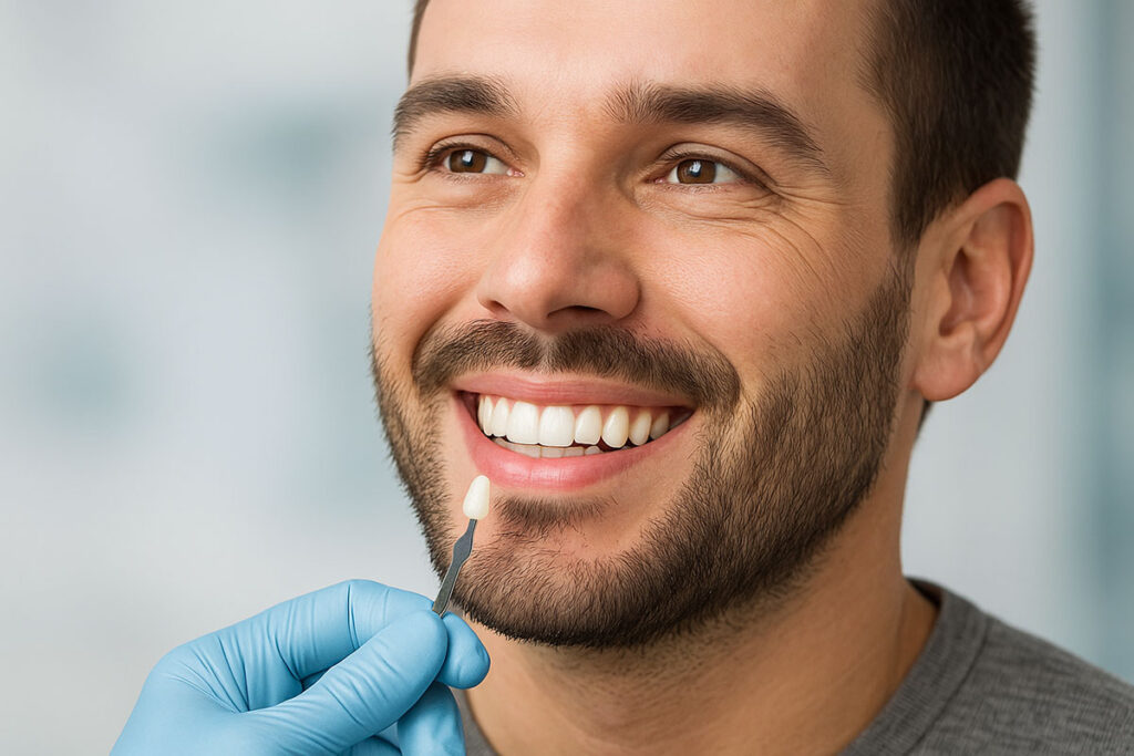 Lächelnder Mann bekommt in der Ordination Veneers