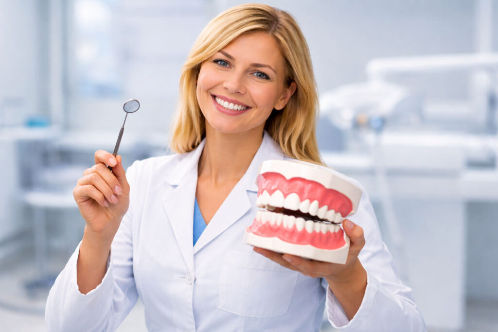 Zahnärztin mit Zahnmodell für Zahnpflege