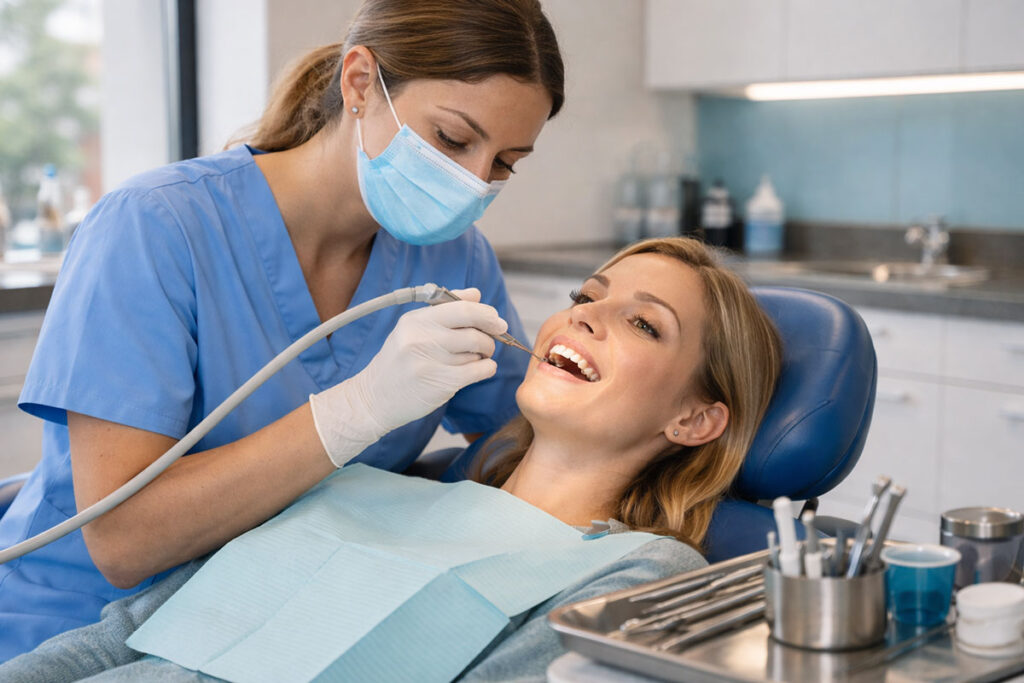 Zahnärztin macht bei Patientin eine Prophylaxe