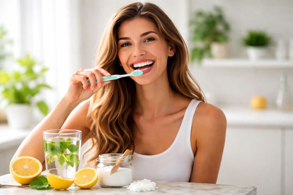 Frau lachend mit Zahnbürste und natürlichen Hausmittel
