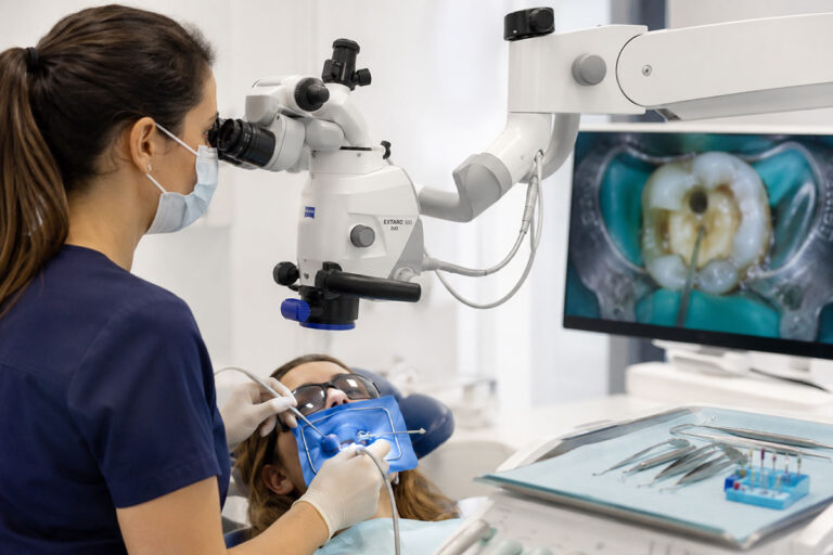 Zahnaerztin bei Mikroskopischer Wurzelbehandlung Kofferdam mit ZEISS EXTARO 300 3c